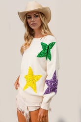 Double Take Sequin Star Round Neck Dropped Shoulder Sweater - Littles Collection 