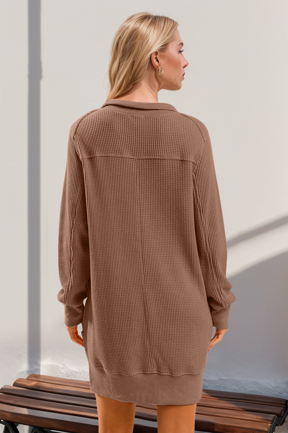 Double Take Waffle Long Sleeve Mini Dress brown color loose fit long sleeve new arrival 
