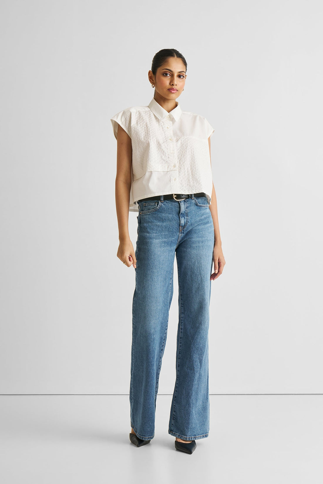 Embroidered Panel Crop Top in White - Littles Collection 