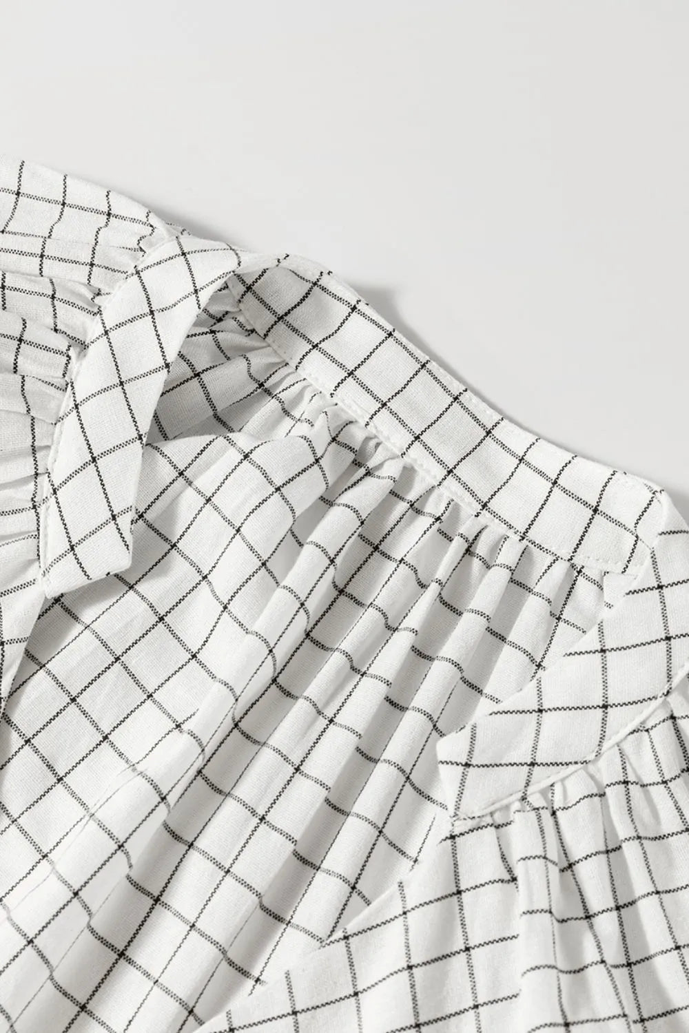 Frill-Plaid-Notched-Balloon-Sleeve-Mini-Dress