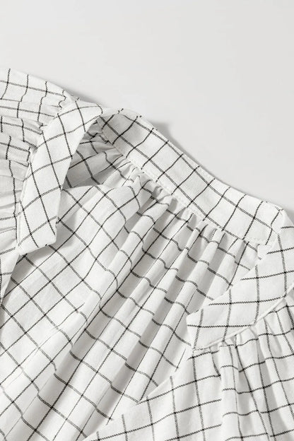 Frill-Plaid-Notched-Balloon-Sleeve-Mini-Dress