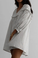 Frill-Plaid-Notched-Balloon-Sleeve-Mini-Dress