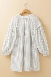 Frill-Plaid-Notched-Balloon-Sleeve-Mini-Dress