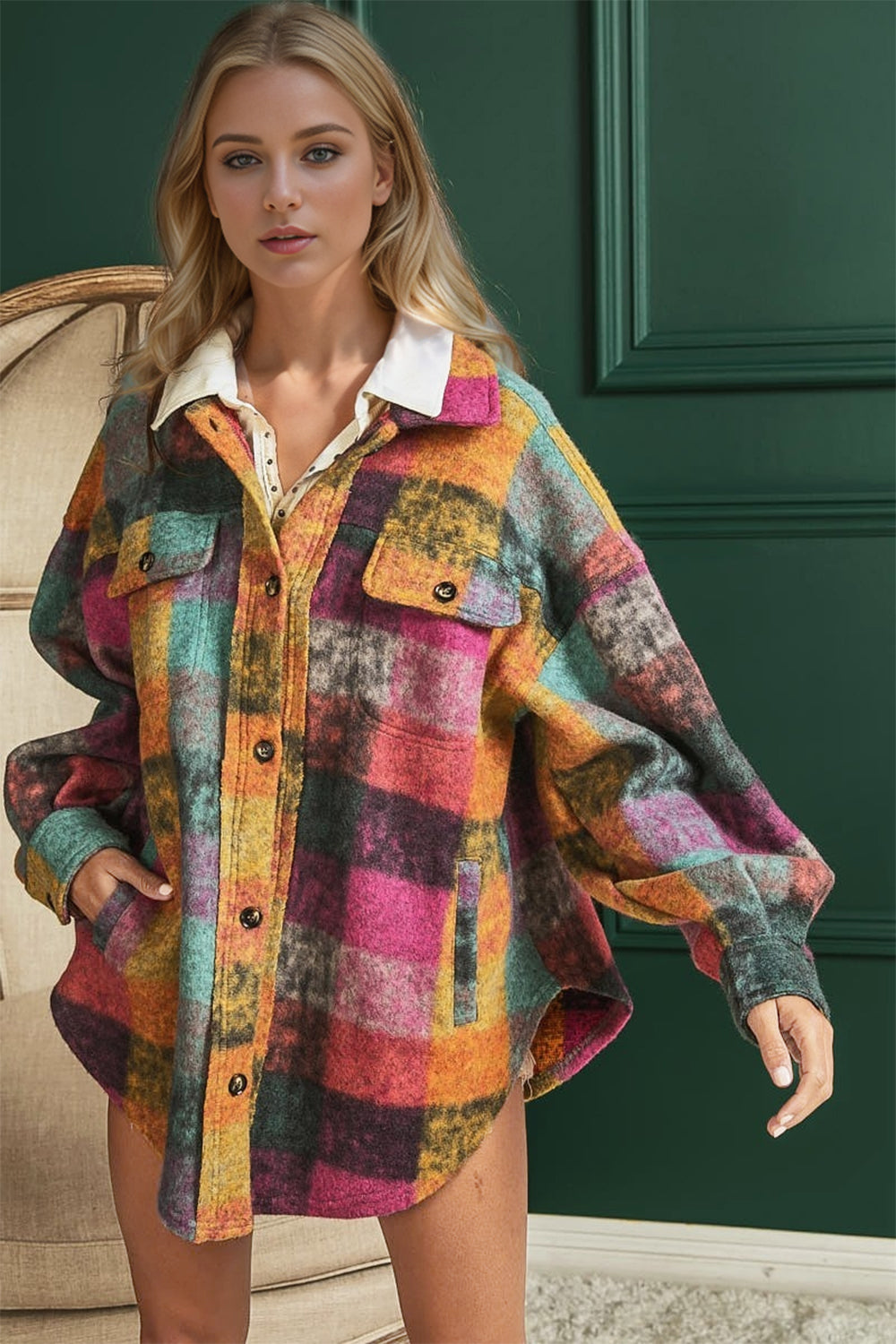 Double Take Full Size Button Up Plaid Fleece Shacket with Pockets - Littles Collection 