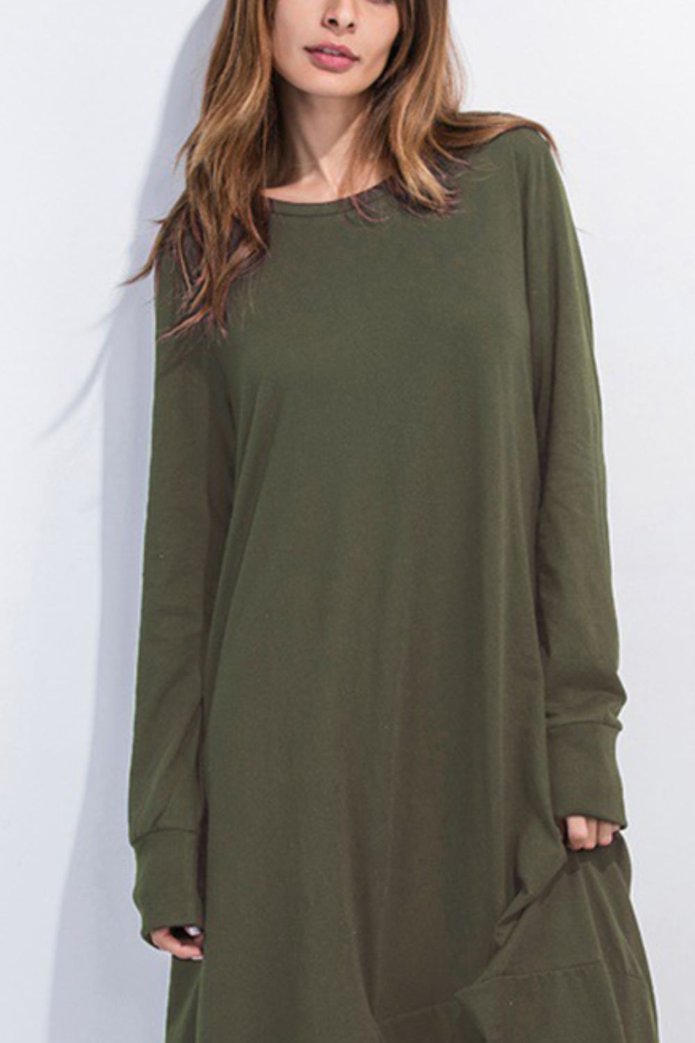 Full Size Long Sleeve Sweatshirt Dress, stretchy elegant long army green dress.