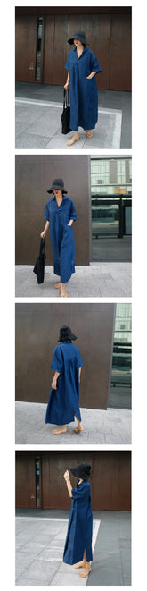 JNT Women Vintage Cotton Linen Dresses Blue - Littles Collection 