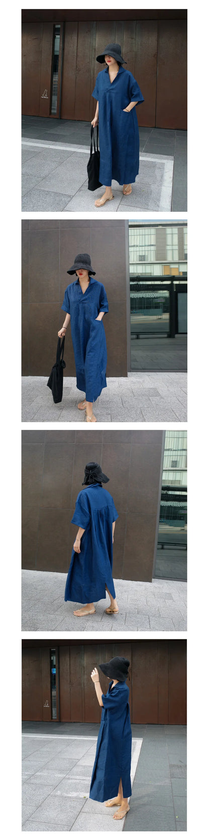 JNT Women Vintage Cotton Linen Dresses Blue - Littles Collection 