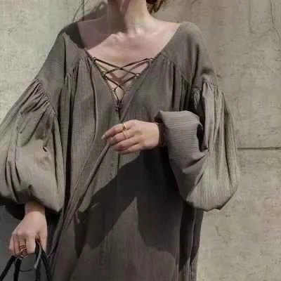 women_fashion - littlescollectionDressCasual Oversized Vintage Vibes Lantern Sleeve Long Dress