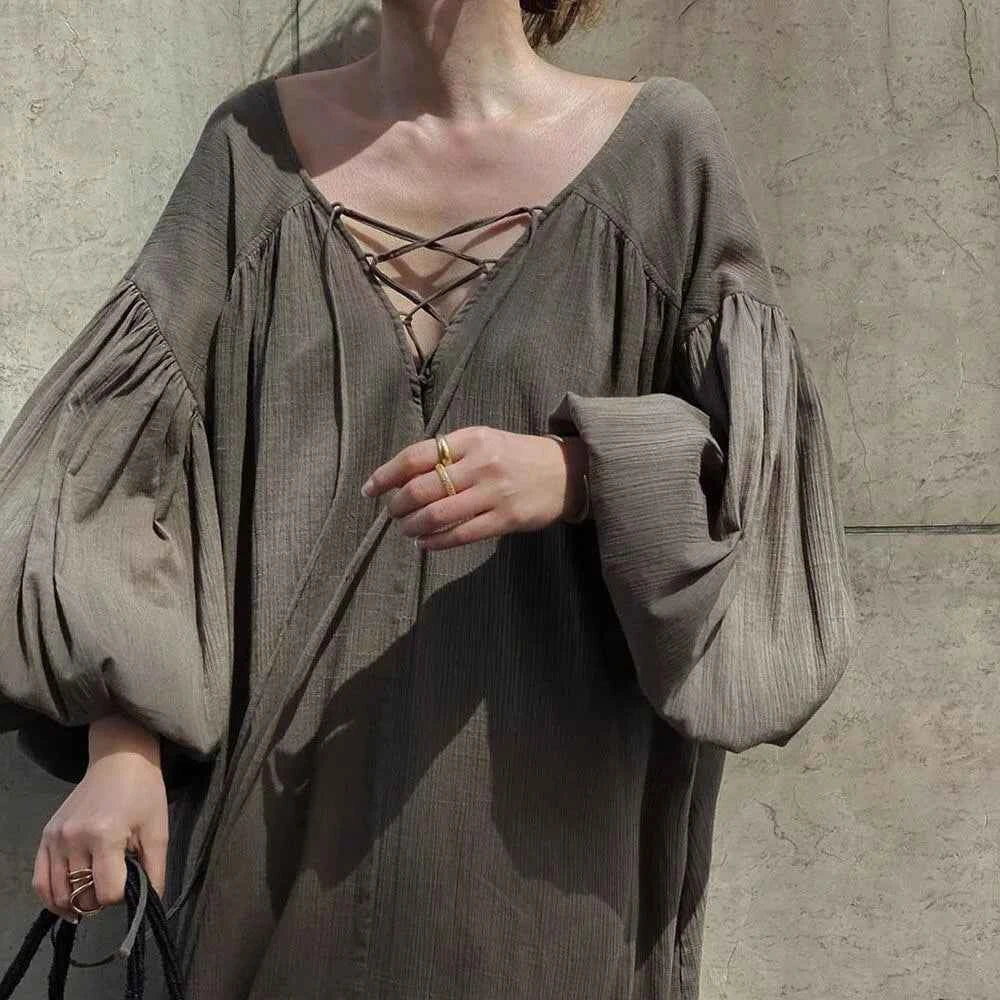 women_fashion - littlescollectionDressCasual Oversized Vintage Vibes Lantern Sleeve Long Dress
