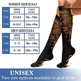 A Littles Collection size chart for Compression Socks Varicose Veins Medical Marathon shows unisex sizes by shoe and calf measurements. On the right, a person wears black socks with yellow-orange patterns; text highlights relief for varicose veins.