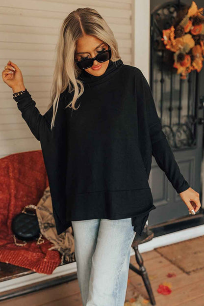 High-Low Cowl Neck Cotton Blend Blouse