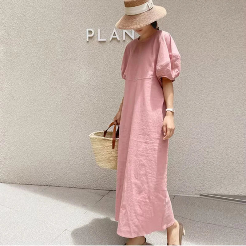 women_fashion - littlescollectionCotton dressJNT French Vintage Balloon Sleeve Crew Neck Dress Women