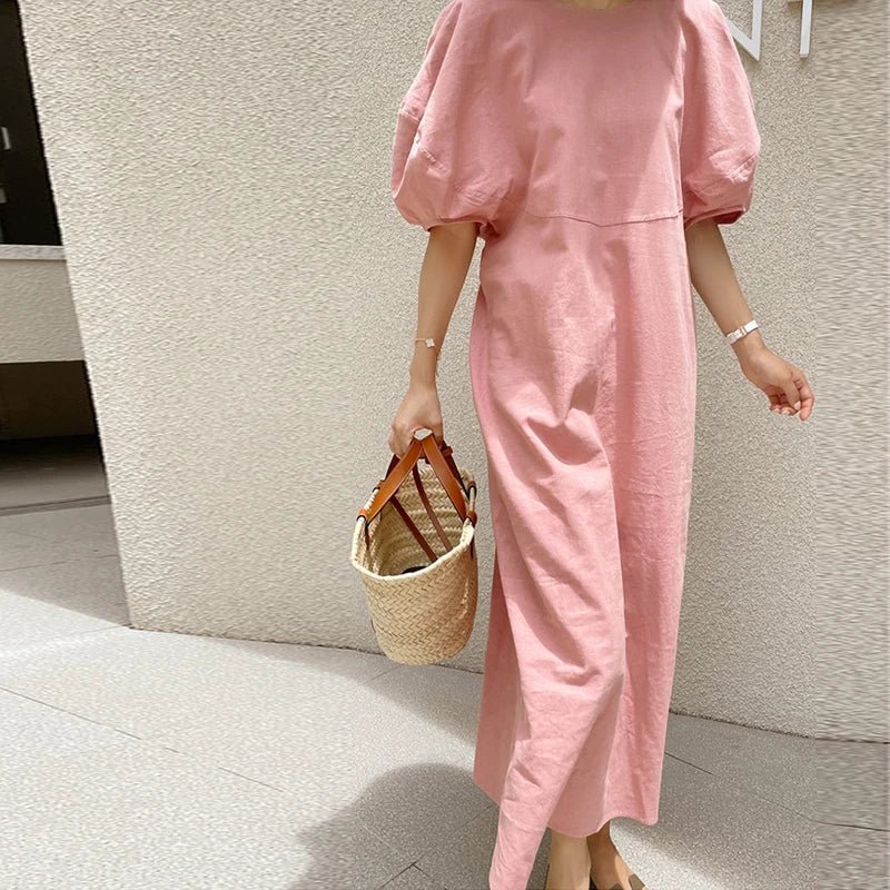 women_fashion - littlescollectionCotton dressJNT French Vintage Balloon Sleeve Crew Neck Dress Women