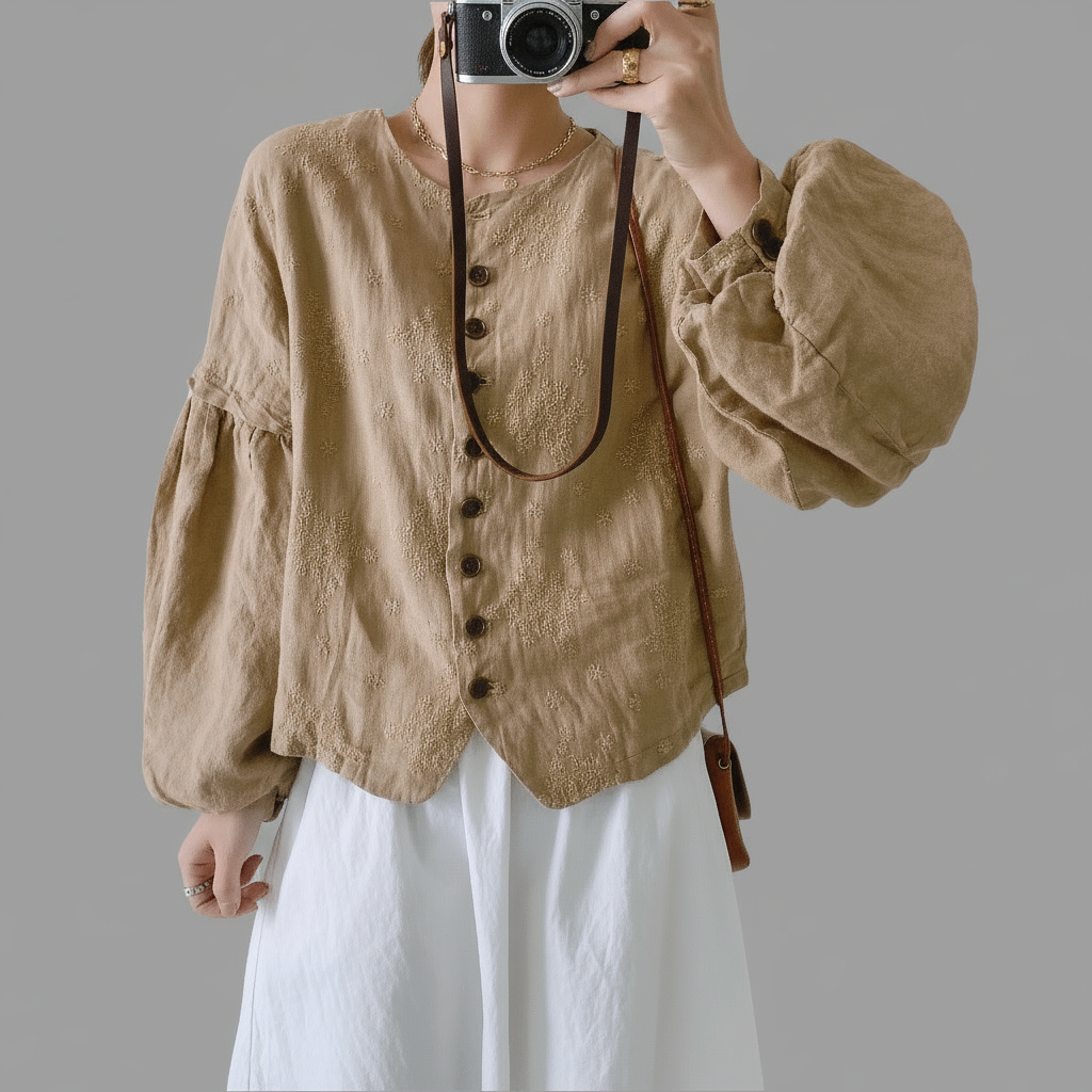 JNT Linen Vintage Women Jackets Lantern Sleeve_