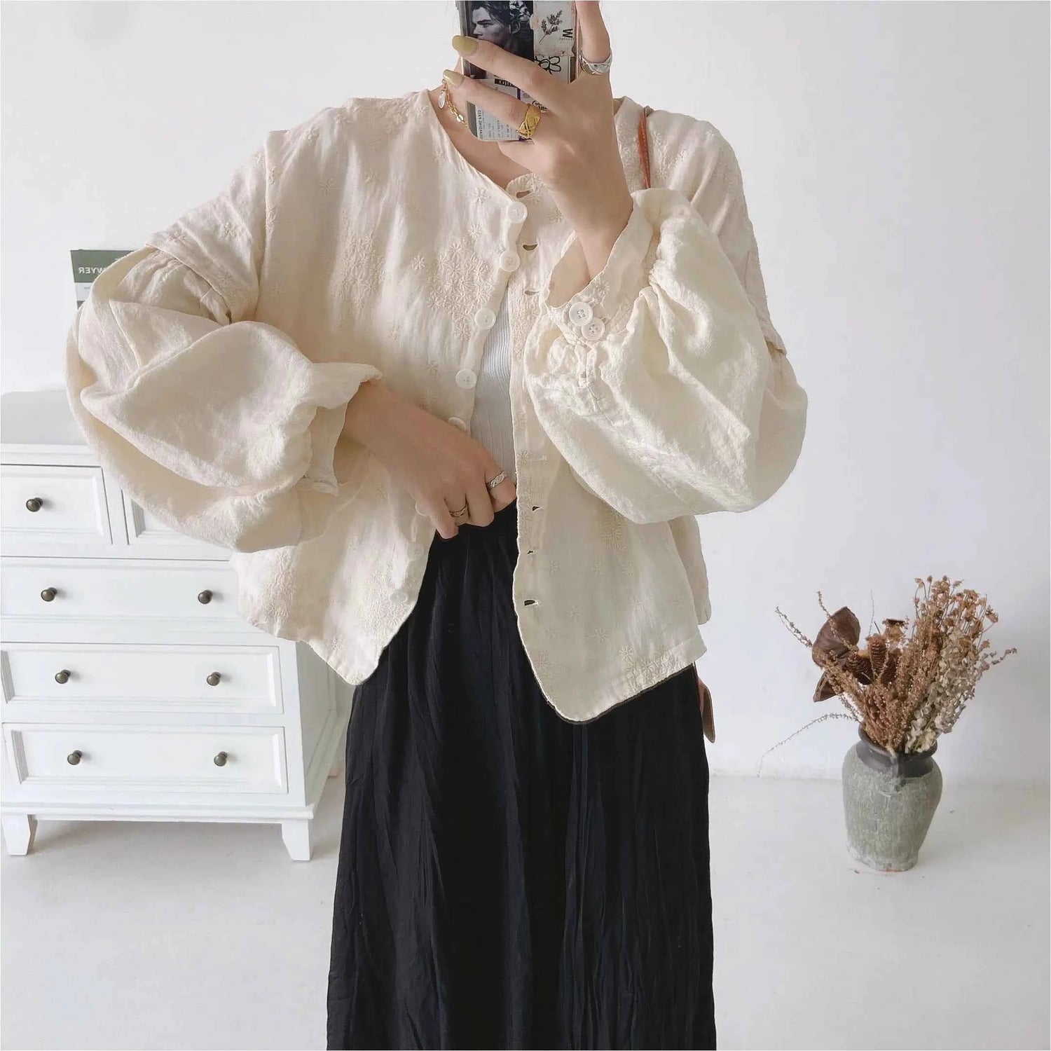 JNT Linen Vintage Women Jackets Lantern Sleeve