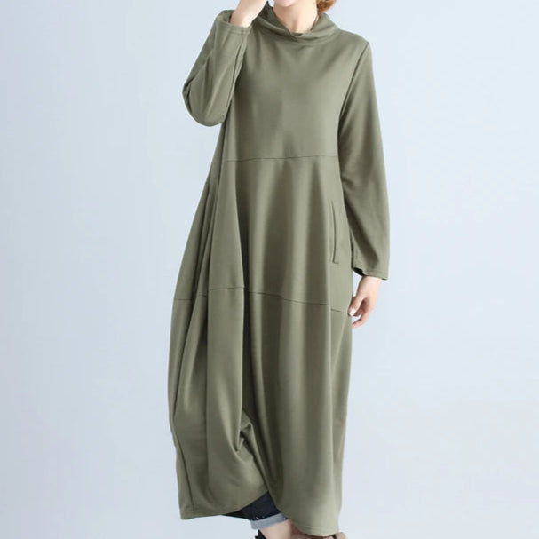 Women Cotton Turtleneck Dress  gray color, full sleeve, hooded sress.