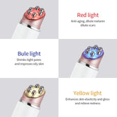 Three light-emitting devices with red, blue, and yellow lights on a gray background.