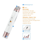 White and rose gold electronic device with text explaining features on a white background