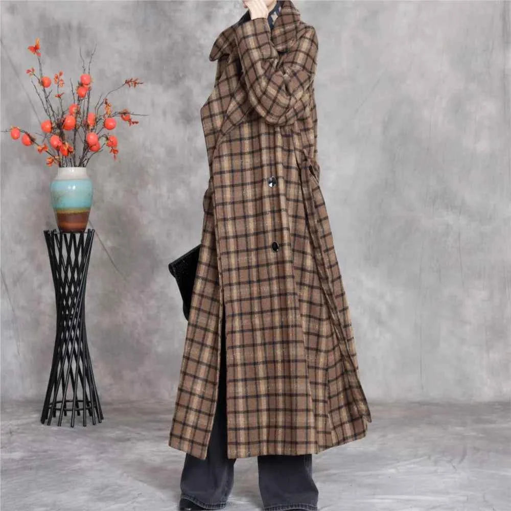 JNT Women Vintage Wool Coats Bandage Plaid