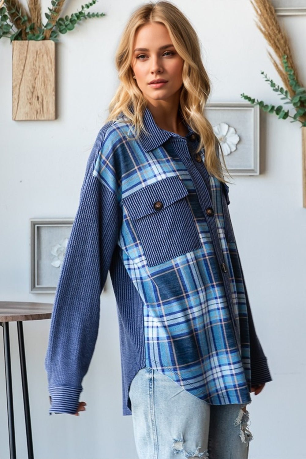 Plaid Cotton Long Sleeve Shacket with Breast Pockets women_fashion - littlescollection