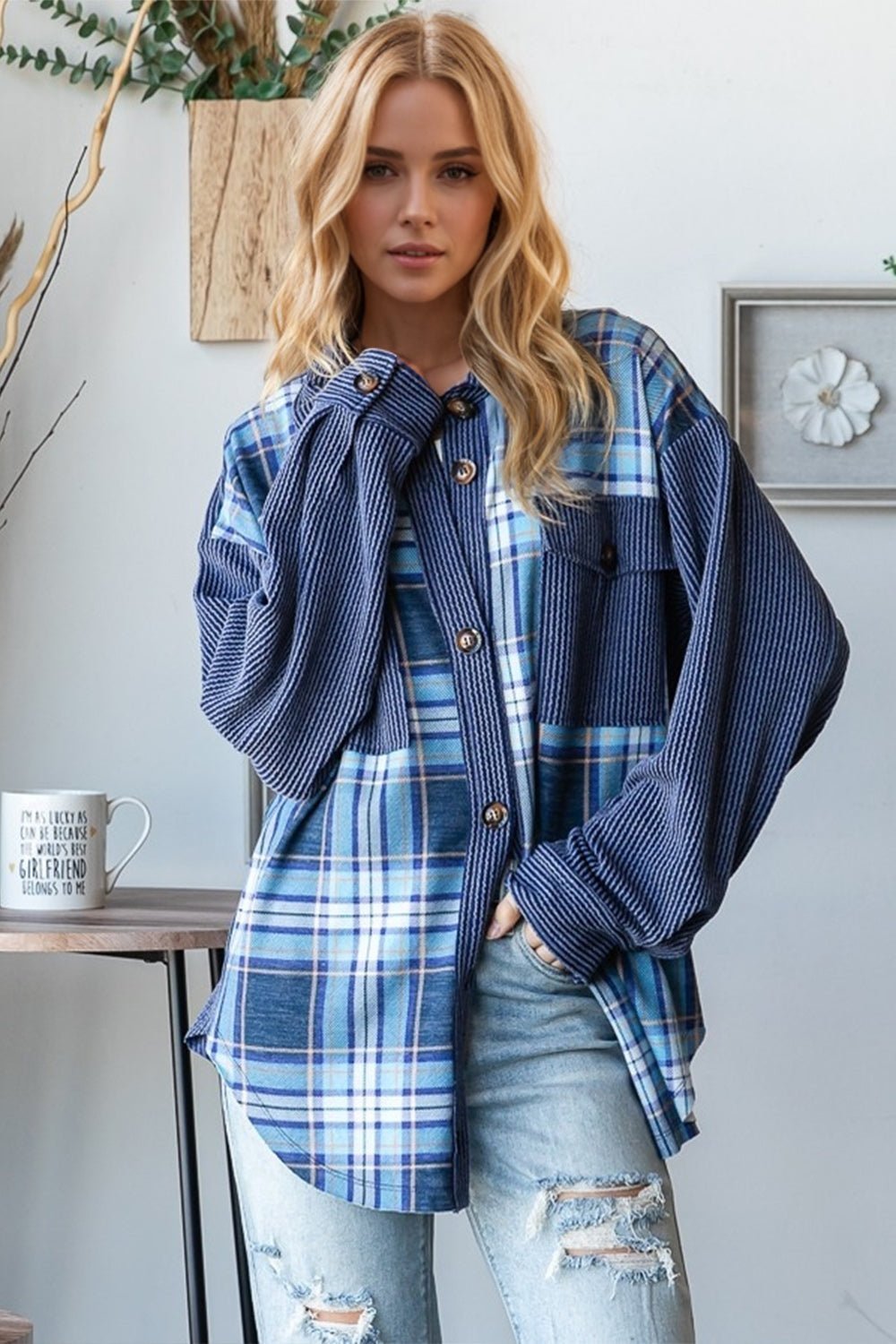 Plaid Cotton Long Sleeve Shacket with Breast Pockets women_fashion - littlescollection