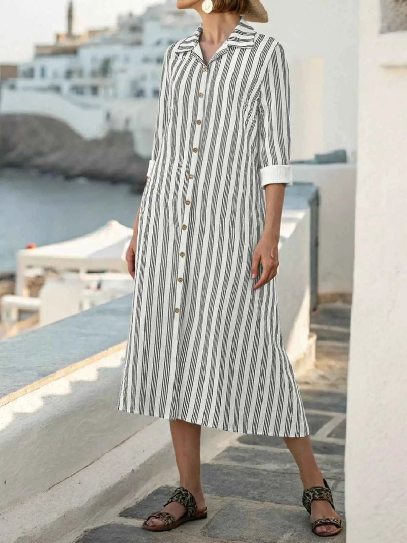 women_fashion - littlescollectionDressPlus Size Striped Button Front Midi Dressmidi shirt dress