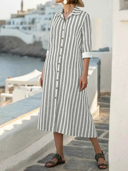 women_fashion - littlescollectionDressPlus Size Striped Button Front Midi Dressmidi shirt dress