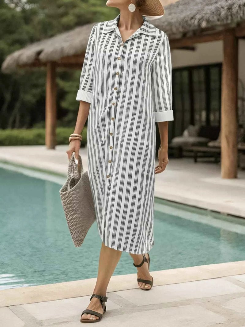 women_fashion - littlescollectionDressPlus Size Striped Button Front Midi Dressmidi shirt dress