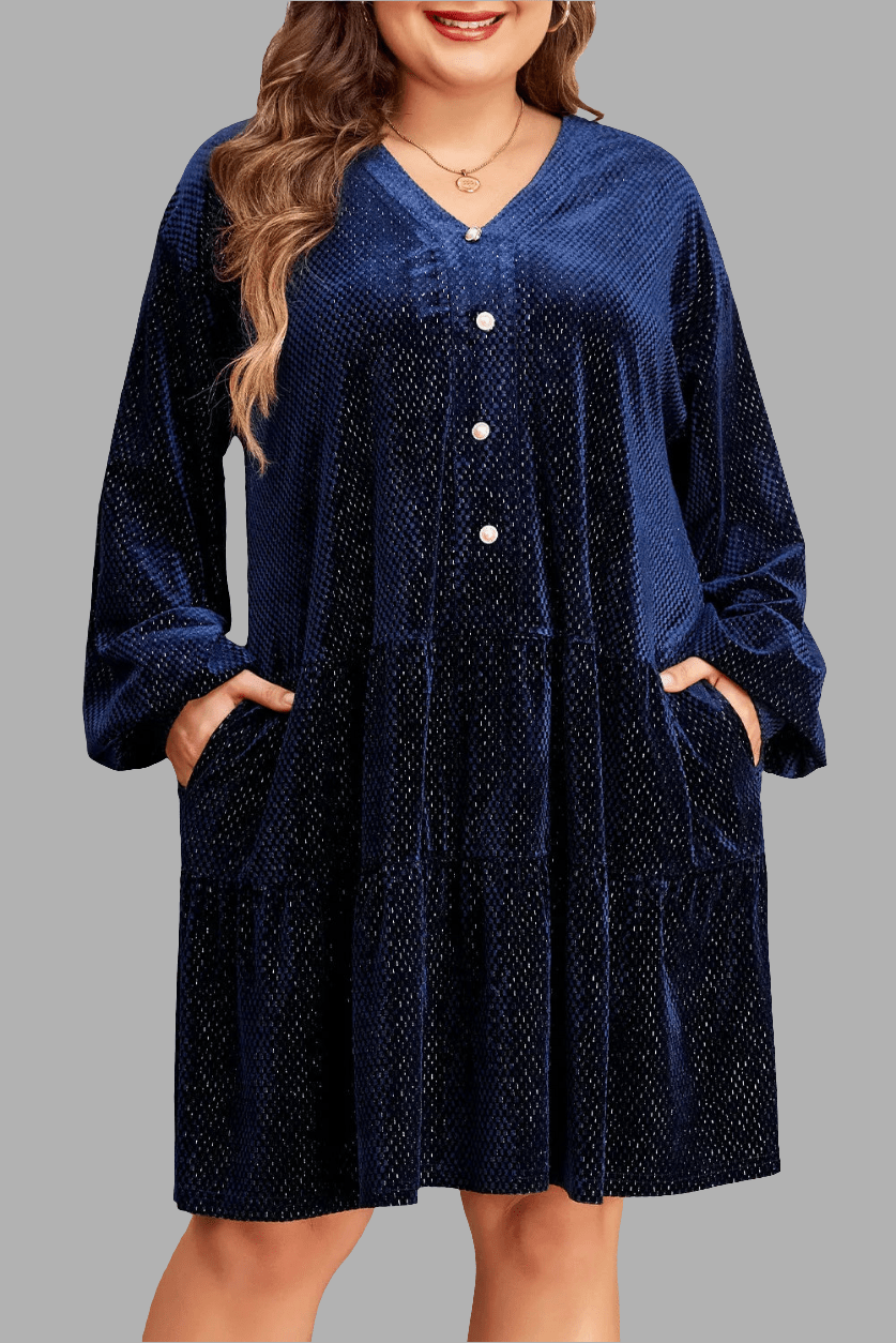 Plus Size Textured Velvet Decorative Button Dress women_fashion - littlescollection