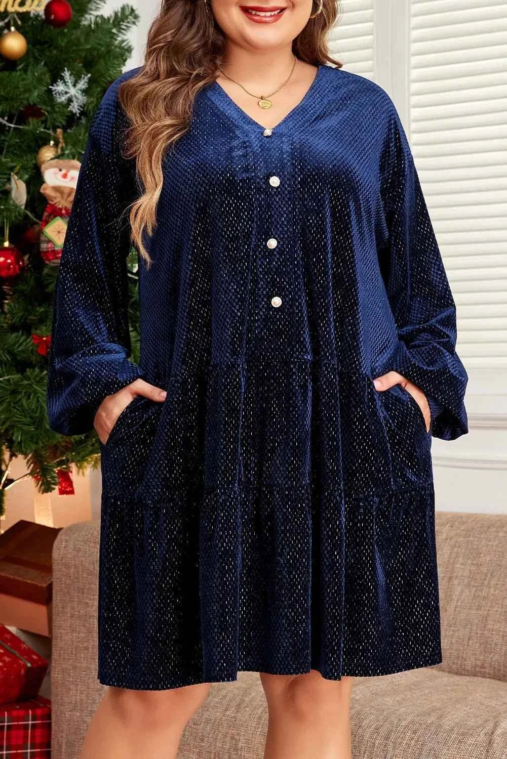 Plus Size Textured Velvet Button Dress