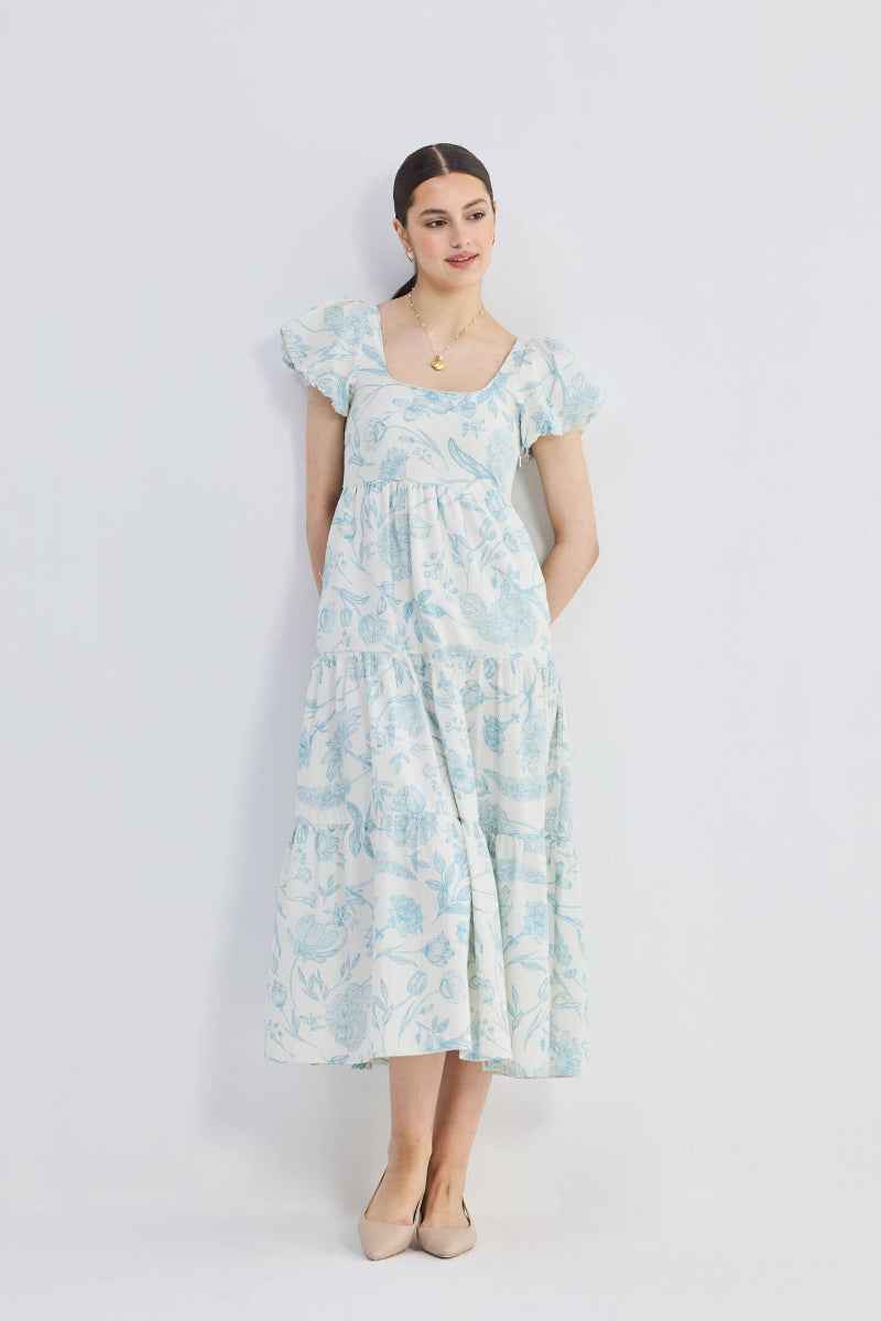 Cotton Puff Sleeve Tiered Maxi Dress in Blue Florals