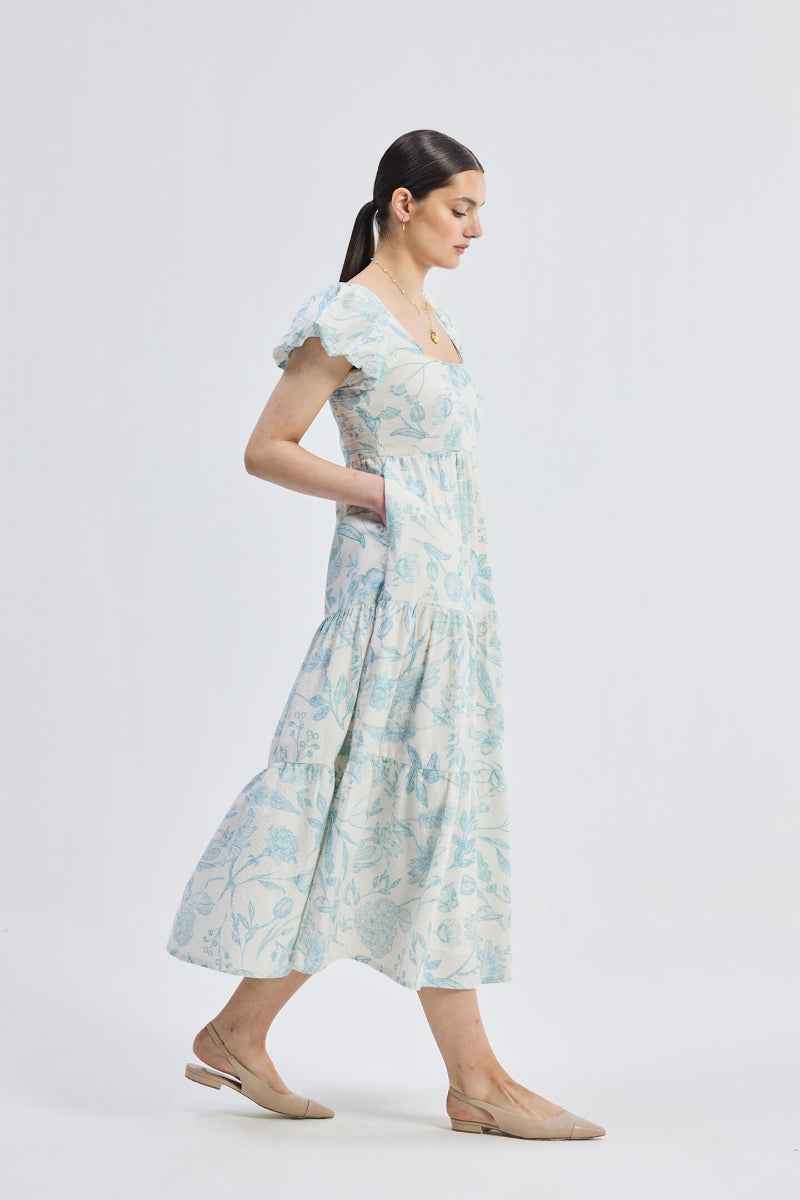 Cotton Puff Sleeve Tiered Maxi Dress in Blue Florals