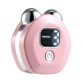 Pink electronic device with digital display on a white background