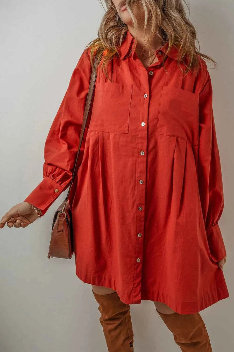 Red Long Sleeve Cotton Shirt Dress