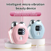 Pink and blue electronic devices with digital displays on a pink background