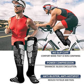 A man runs in red athletic gear and another cycles, both wearing Littles Collection Compression Socks Varicose Veins Medical Marathon—featuring no slip cuff, power compression for performance, plus anti-blister and anti-hotspot benefits.