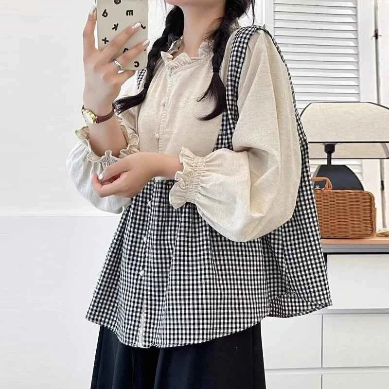 women_fashion - littlescollectionJNT Fungus Trim Collar Plaid Vintage Cotton Retro Blouseblouse for women