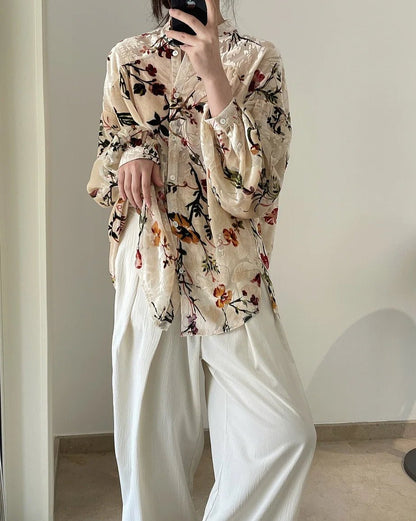 women_fashion - littlescollectionblouseKorean Vintage Court Style Velvet Jacquard Floral Women Blouseslittlescollection
