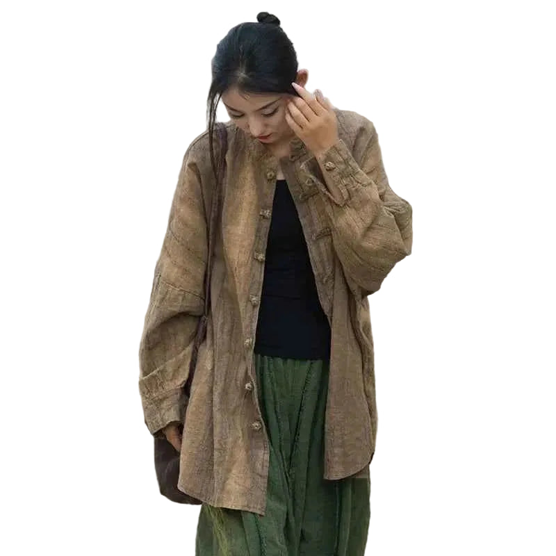 Johnature Women Vintage Ramie Shirt Jackets Stand Long Sleeve High Quality Coats 2025 Autumn New Button Loose Women Jackets