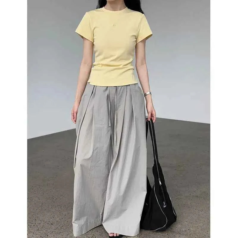 Johnature Casual Simple Cotton High-waisted Versatile Lace-up Straight-leg Pants Women Summer New Thin Casual Wide-leg Trousers