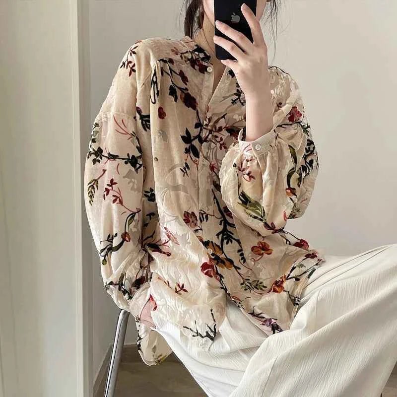 women_fashion - littlescollectionblouseKorean Vintage Court Style Velvet Jacquard Floral Women Blouseslittlescollection