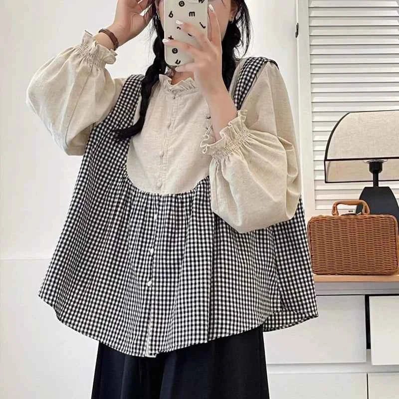 women_fashion - littlescollectionJNT Fungus Trim Collar Plaid Vintage Cotton Retro Blouseblouse for women