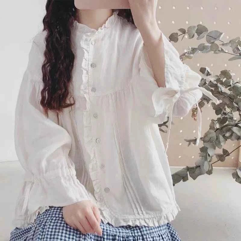 Retro Linen Ear Balloon Sleeve Blouse