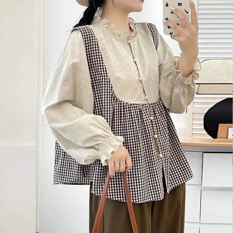 women_fashion - littlescollectionJNT Fungus Trim Collar Plaid Vintage Cotton Retro Blouseblouse for women
