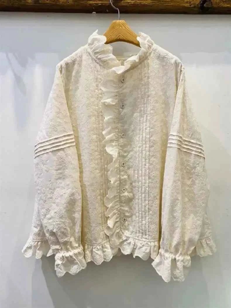 women_fashion - littlescollectionblouseElegant French Sweet Heavy Embroidered Beige Blouse Apricot