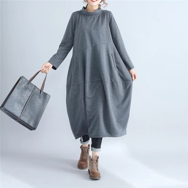 Women Cotton Turtleneck Dress  grey