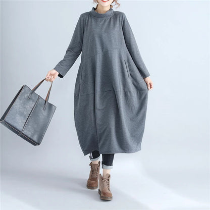 Women Cotton Turtleneck Dress  grey