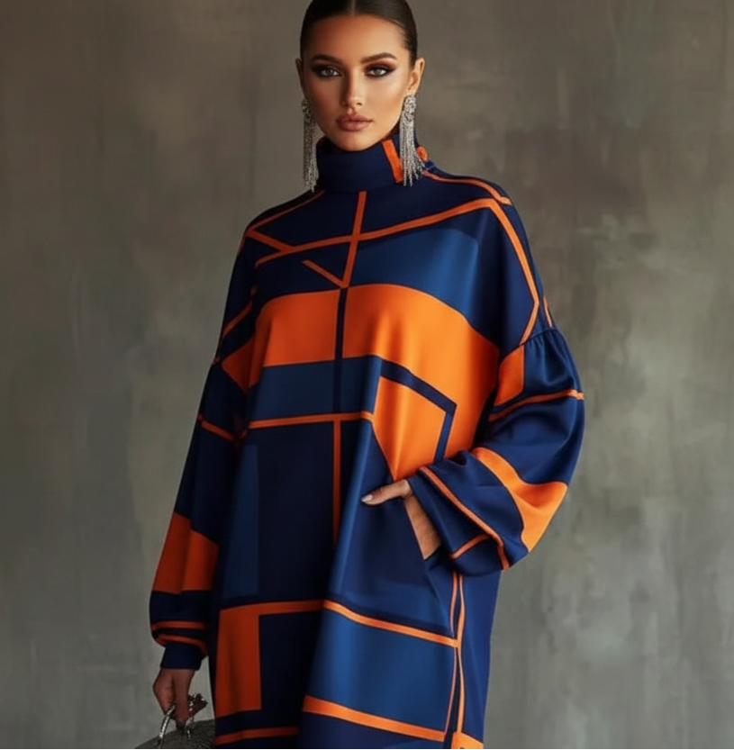 Woman wearing a blue and orange dress against a gray background