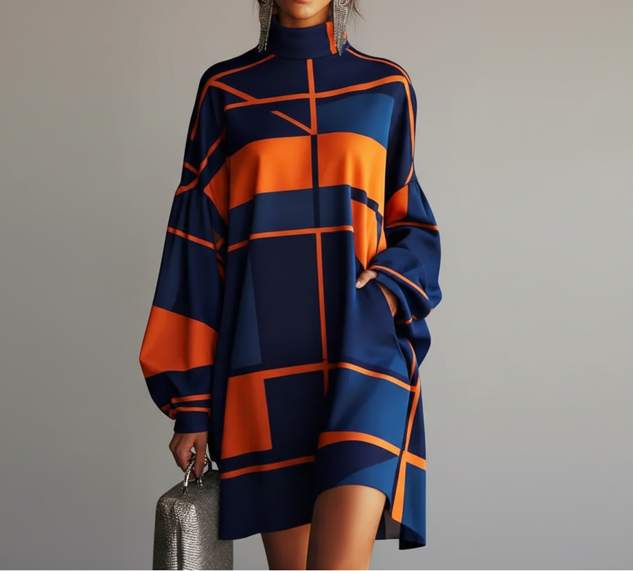 Person wearing a blue and orange geometric patterned dress against a gray background