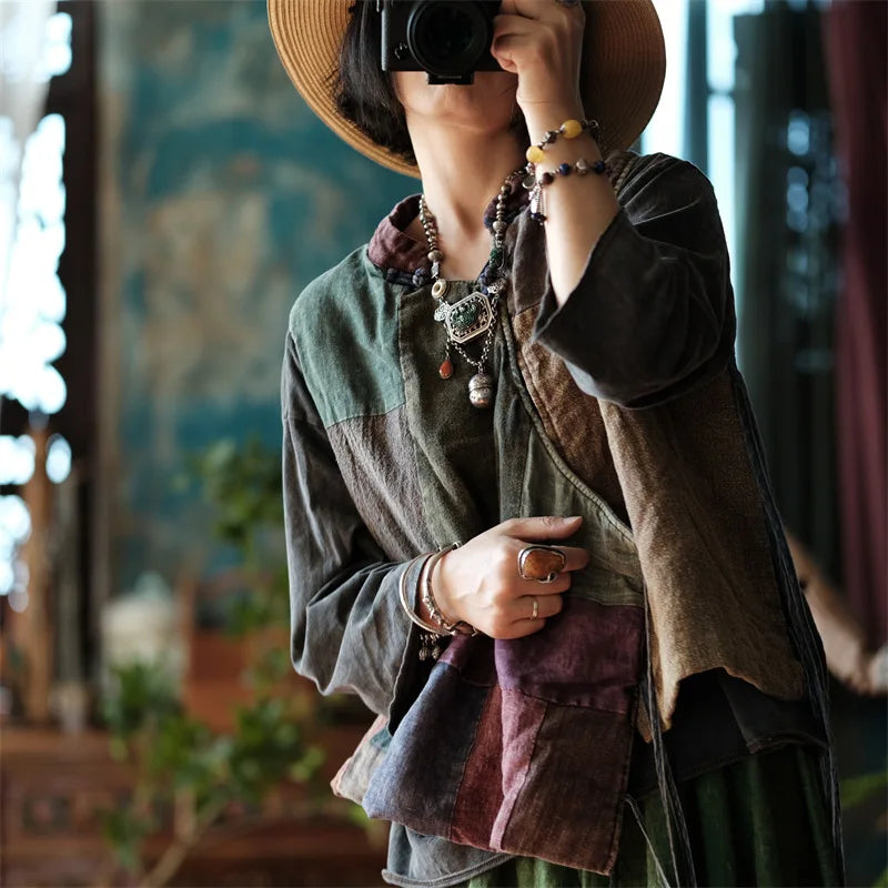 Women Vintage Patchwork Color Vests Coats Stand Cotton Linen Top New Chinese Style Belt Plus